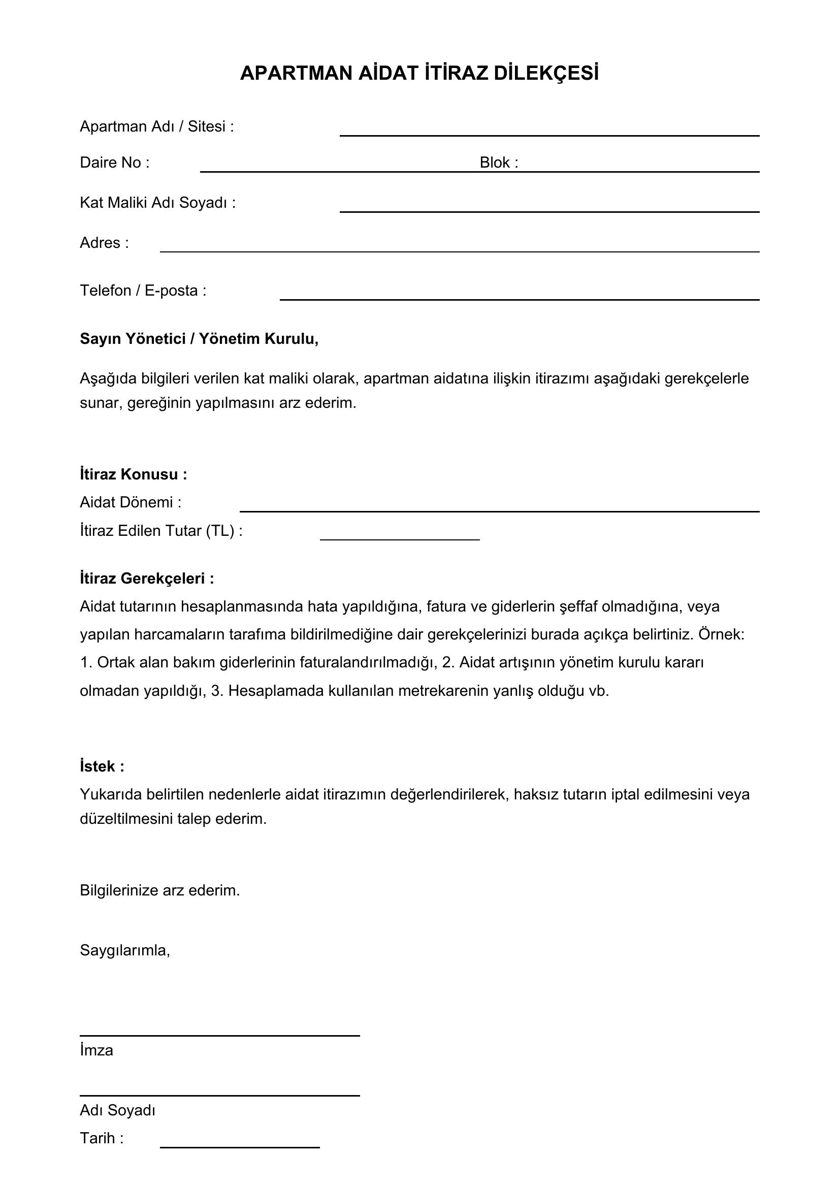 Apartman Aidat Itiraz Dilekçesi Örneği