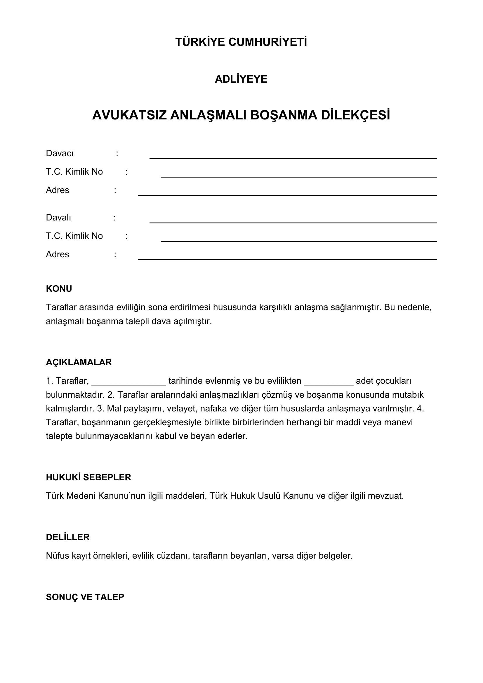 Avukatsız Anlaşmalı Boşanma Dilekçesi Örneği