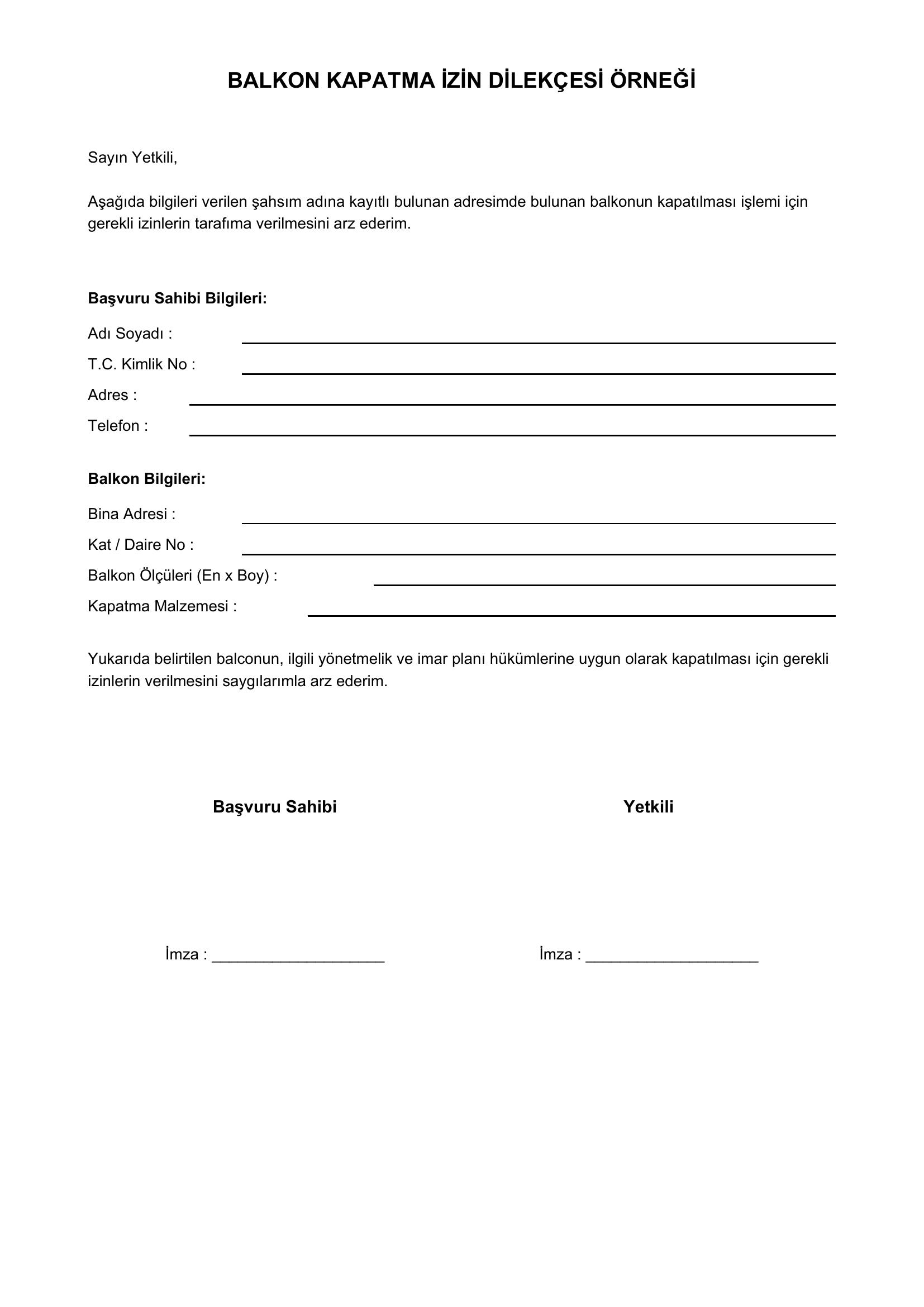 Balkon Kapatma Izin Dilekçesi Örneği