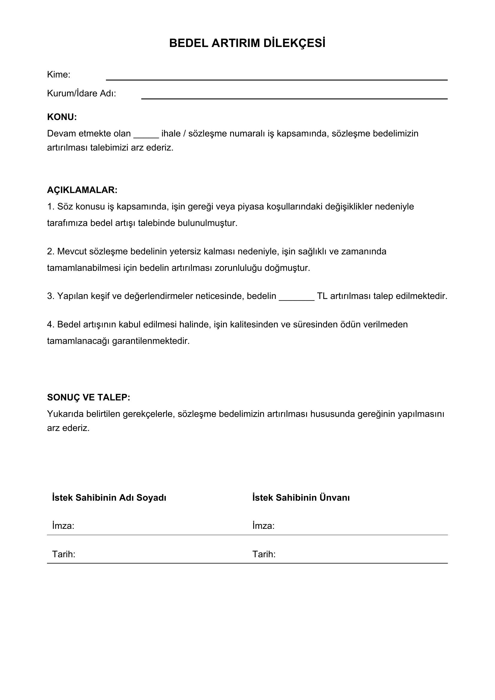 Bedel Artırım Dilekçesi Örneği