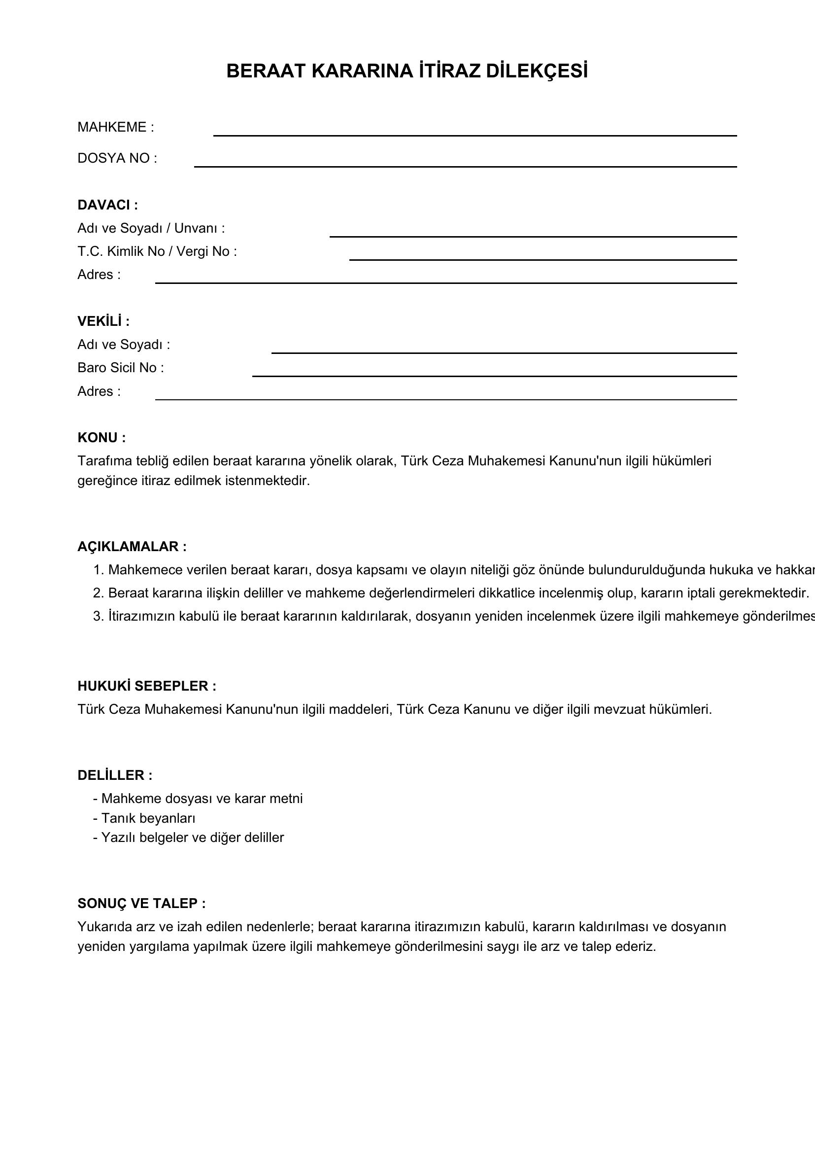 Beraat Kararına Itiraz Dilekçesi