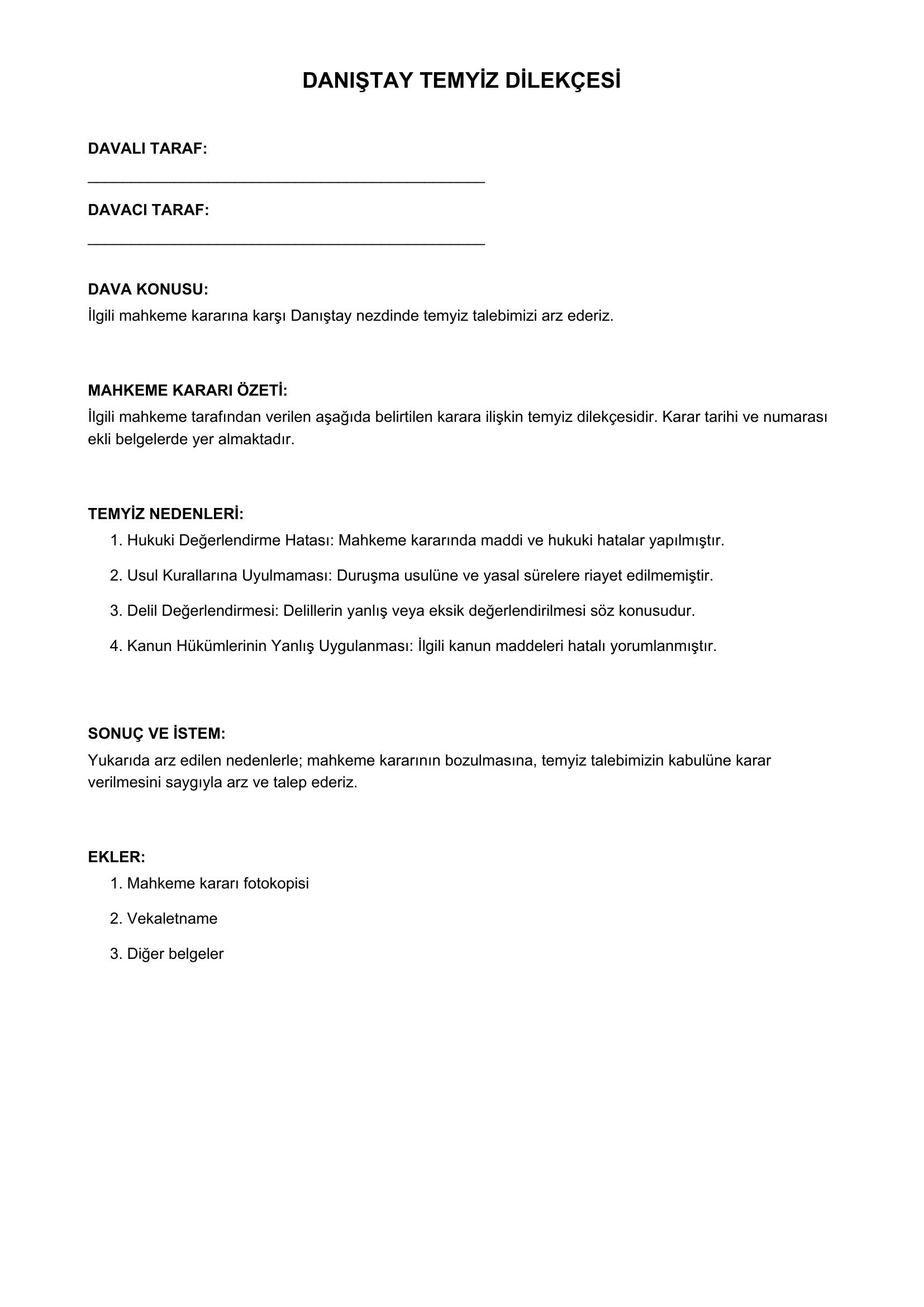 Danıştay Temyiz Dilekçesi Örneği