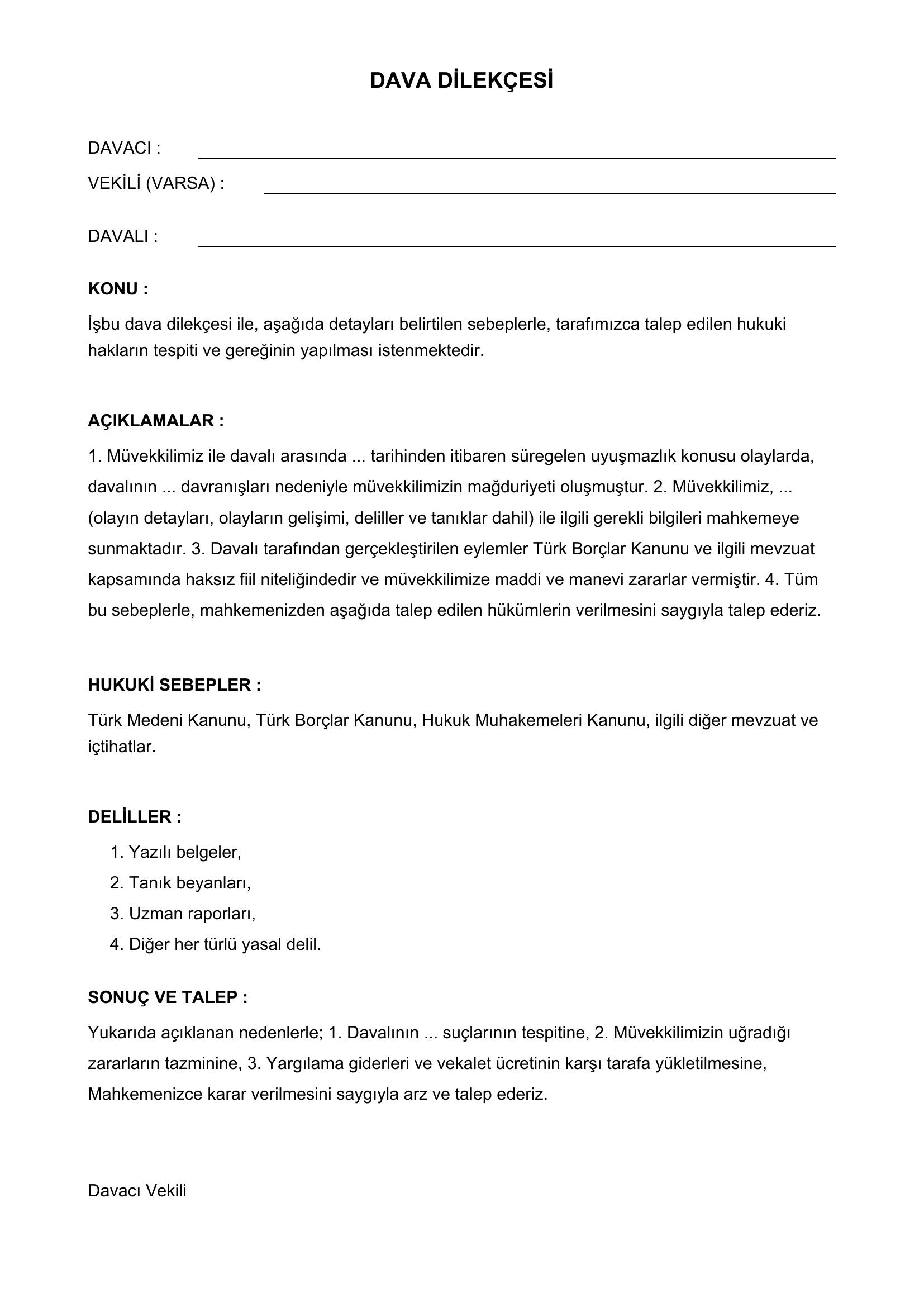 Dava Dilekçesi Örneği