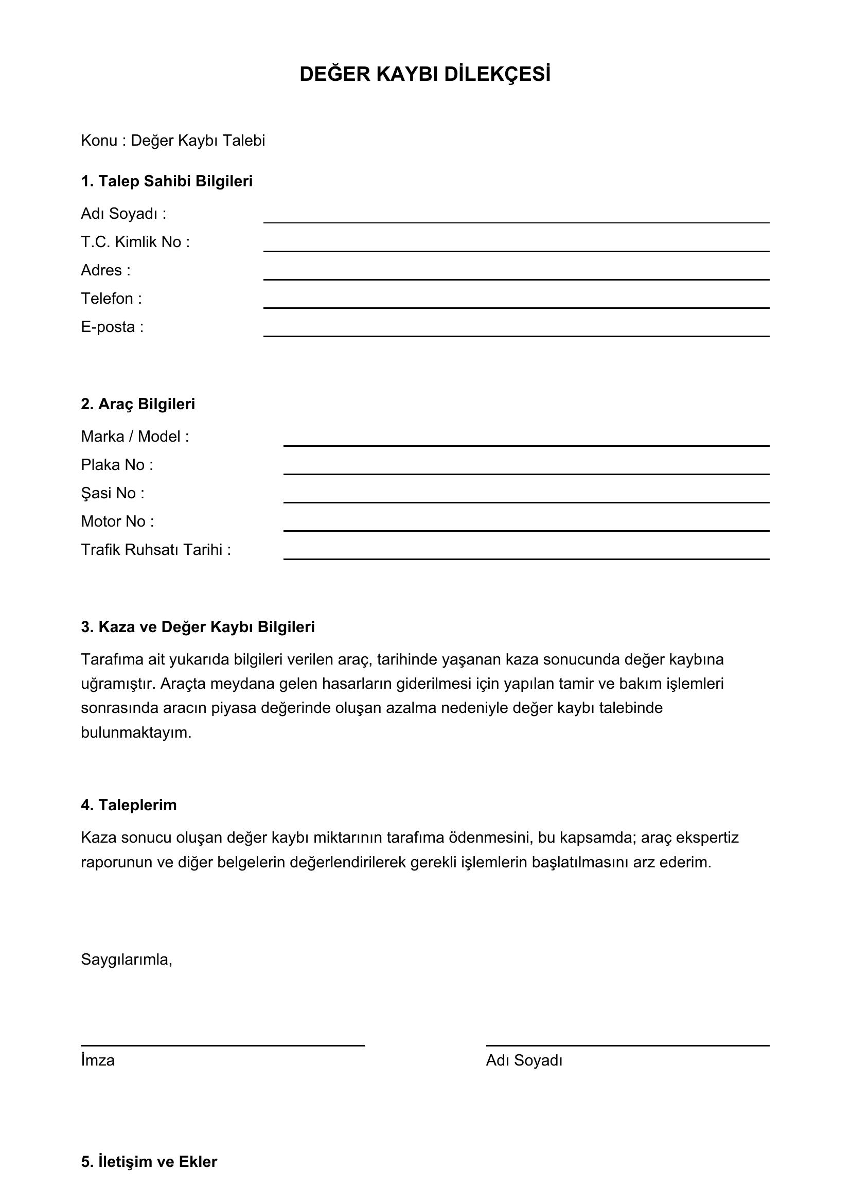 Değer Kaybı Dilekçesi