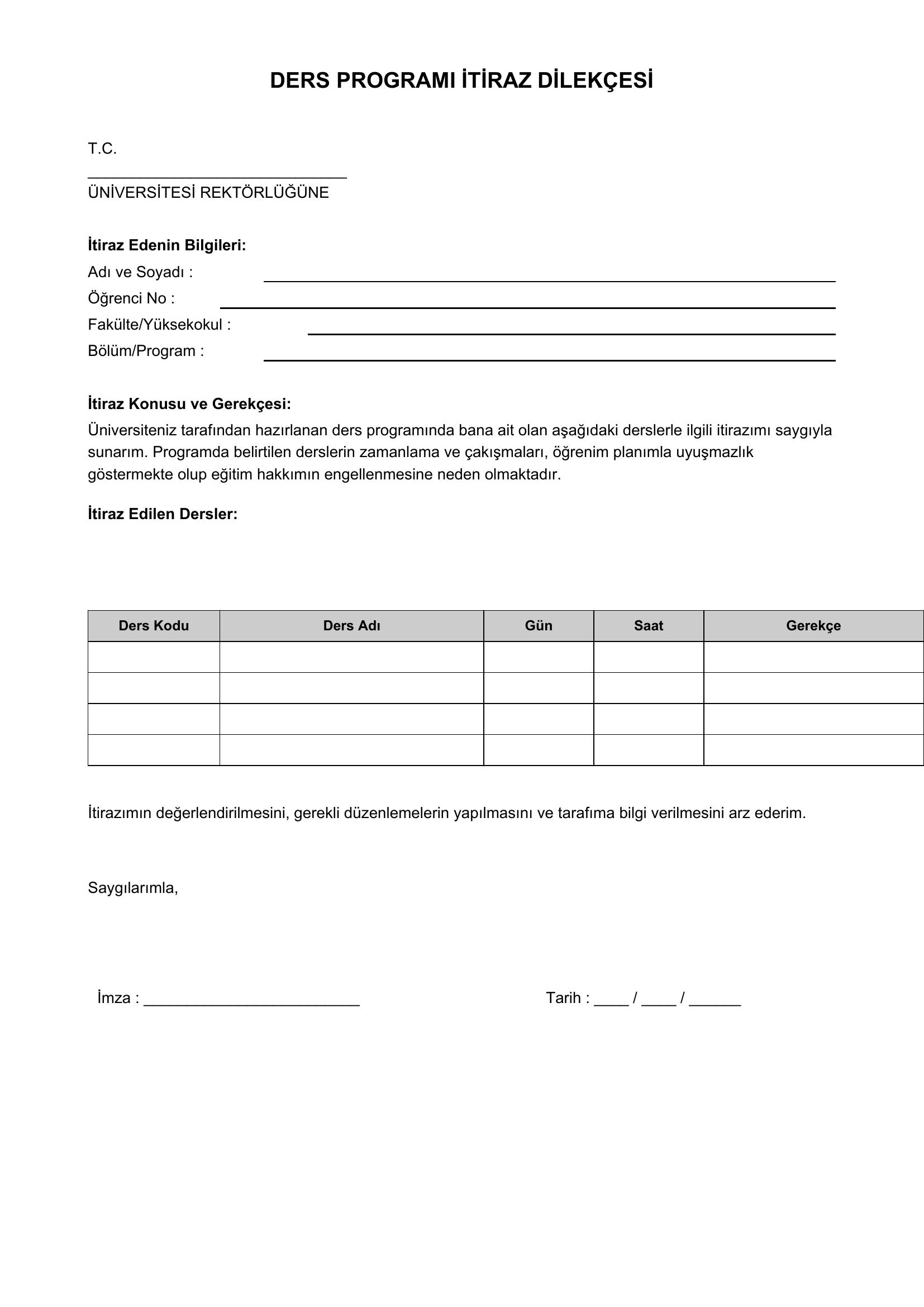 Ders Programı Itiraz Dilekçesi