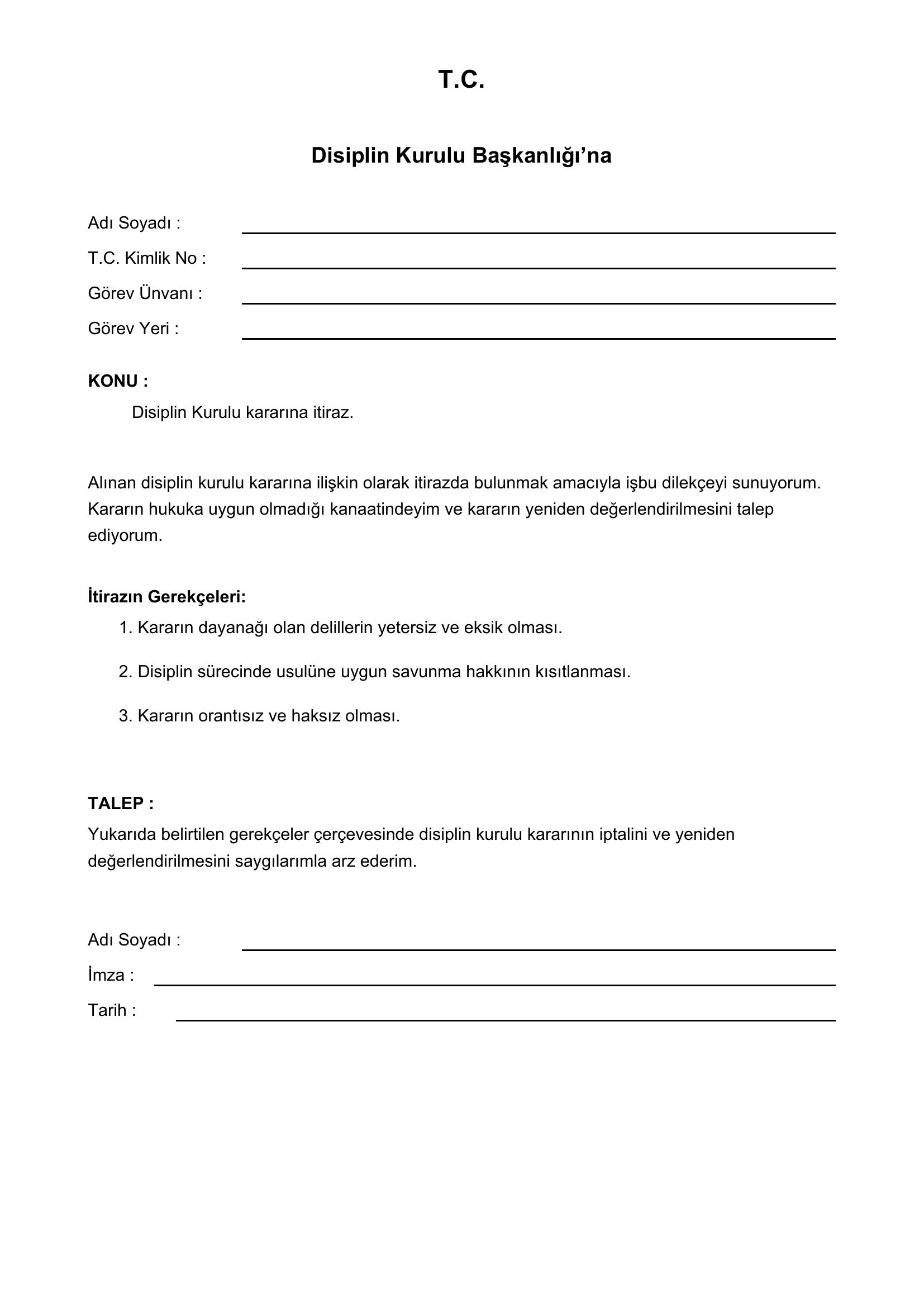 Disiplin Kuruluna Itiraz Dilekçesi Örneği
