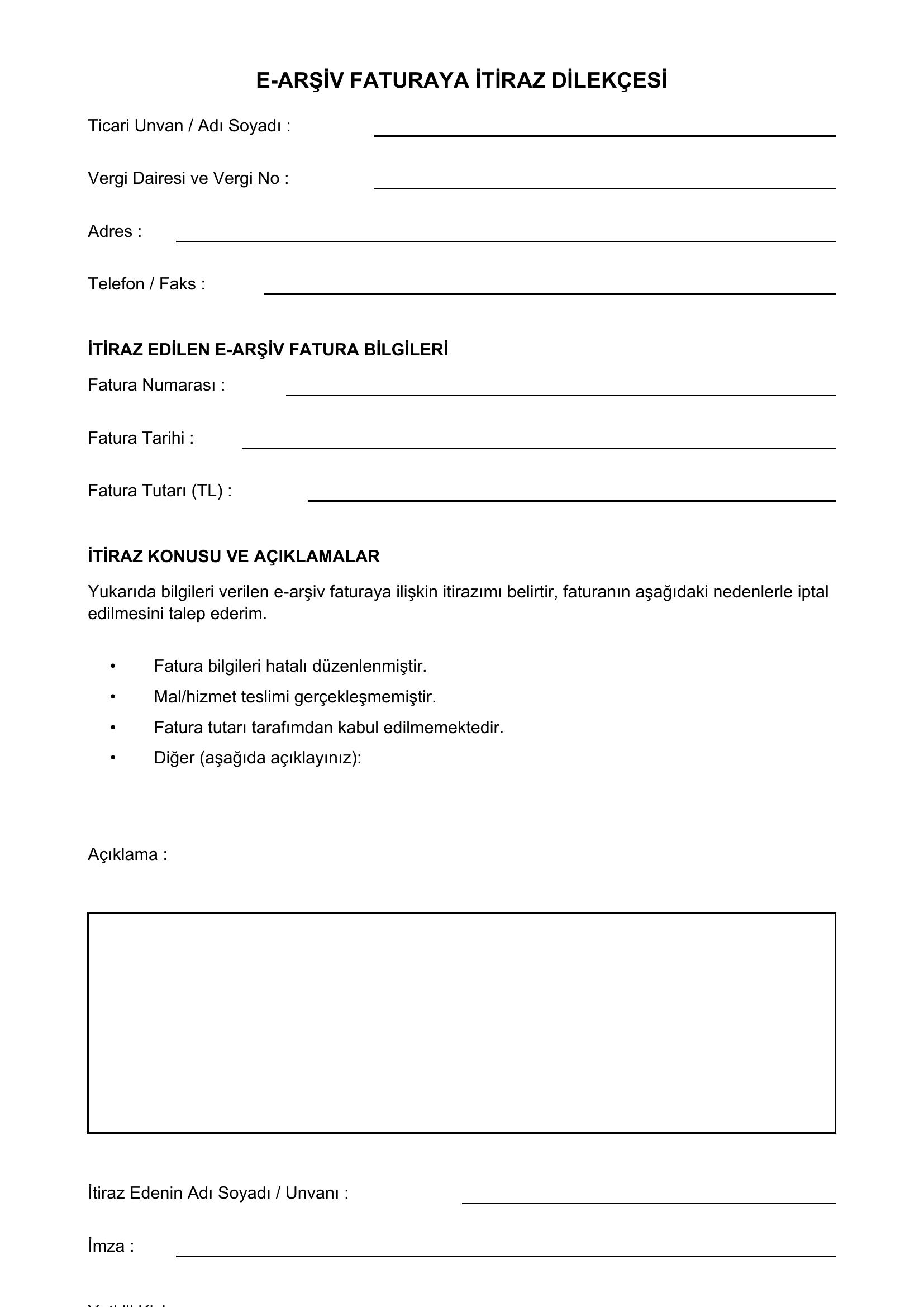 E-Arşiv Faturaya Itiraz Dilekçesi Örneği