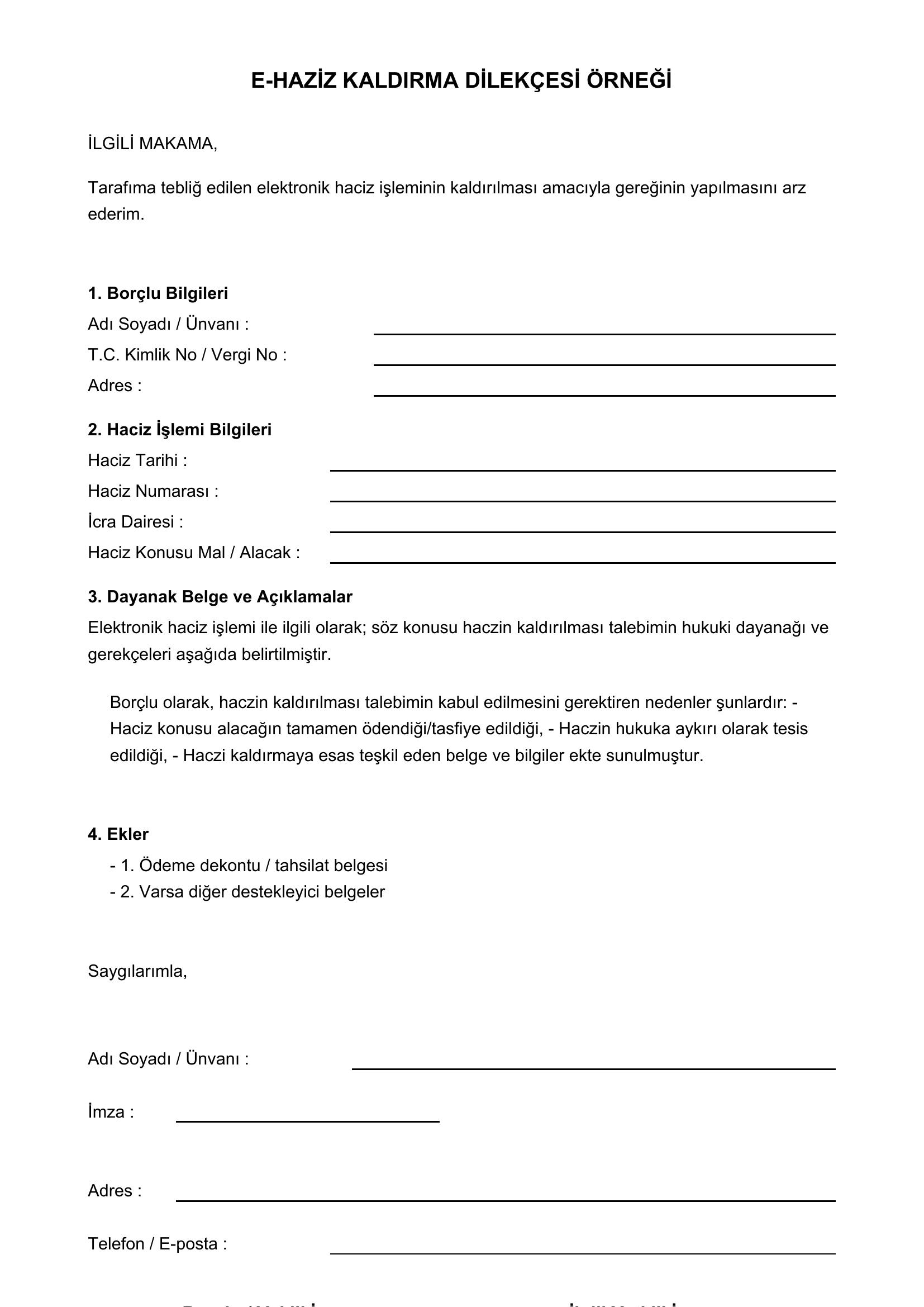 E-Haciz Kaldırma Dilekçesi Örneği