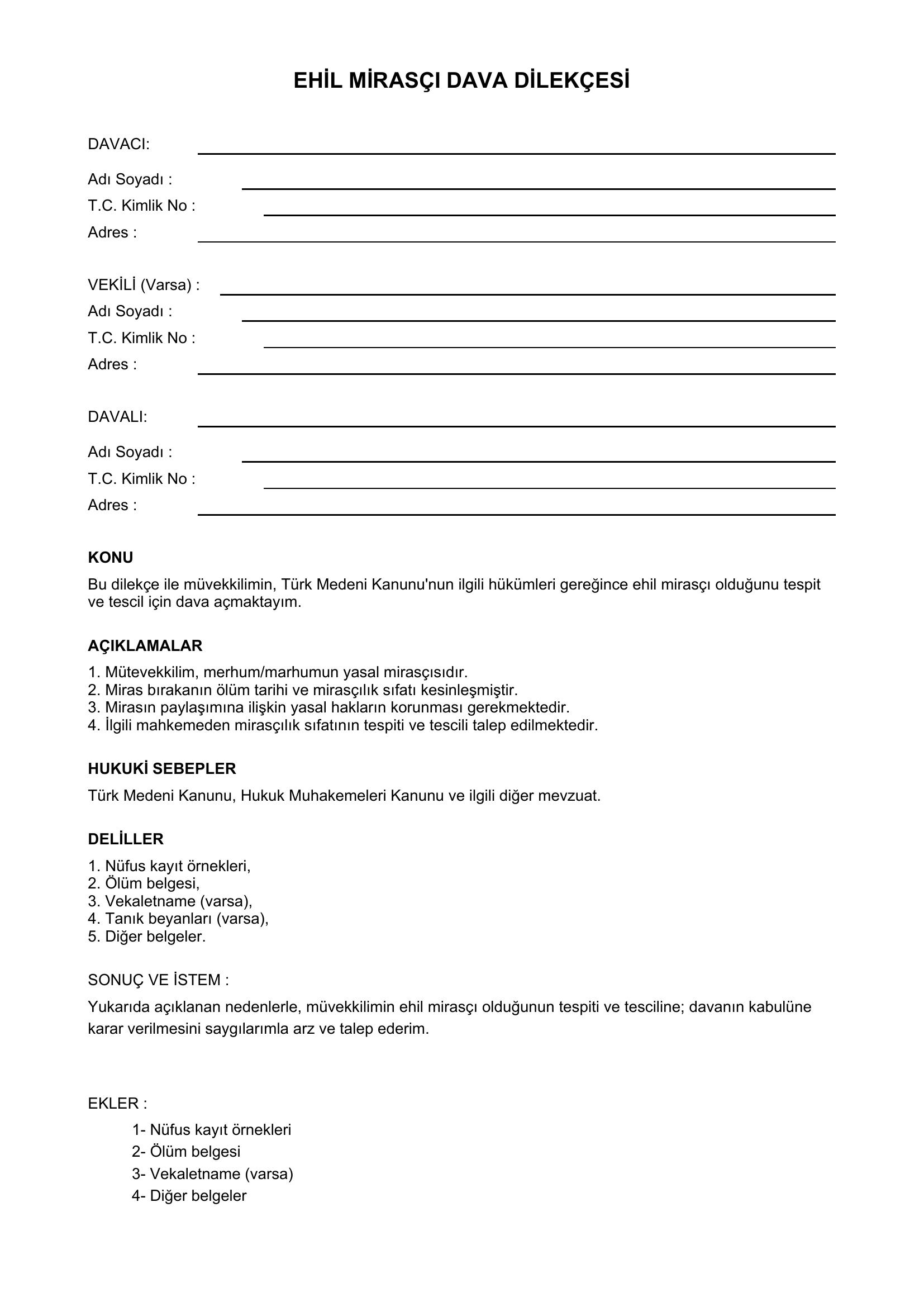 Ehil Mirasçı Dava Dilekçesi