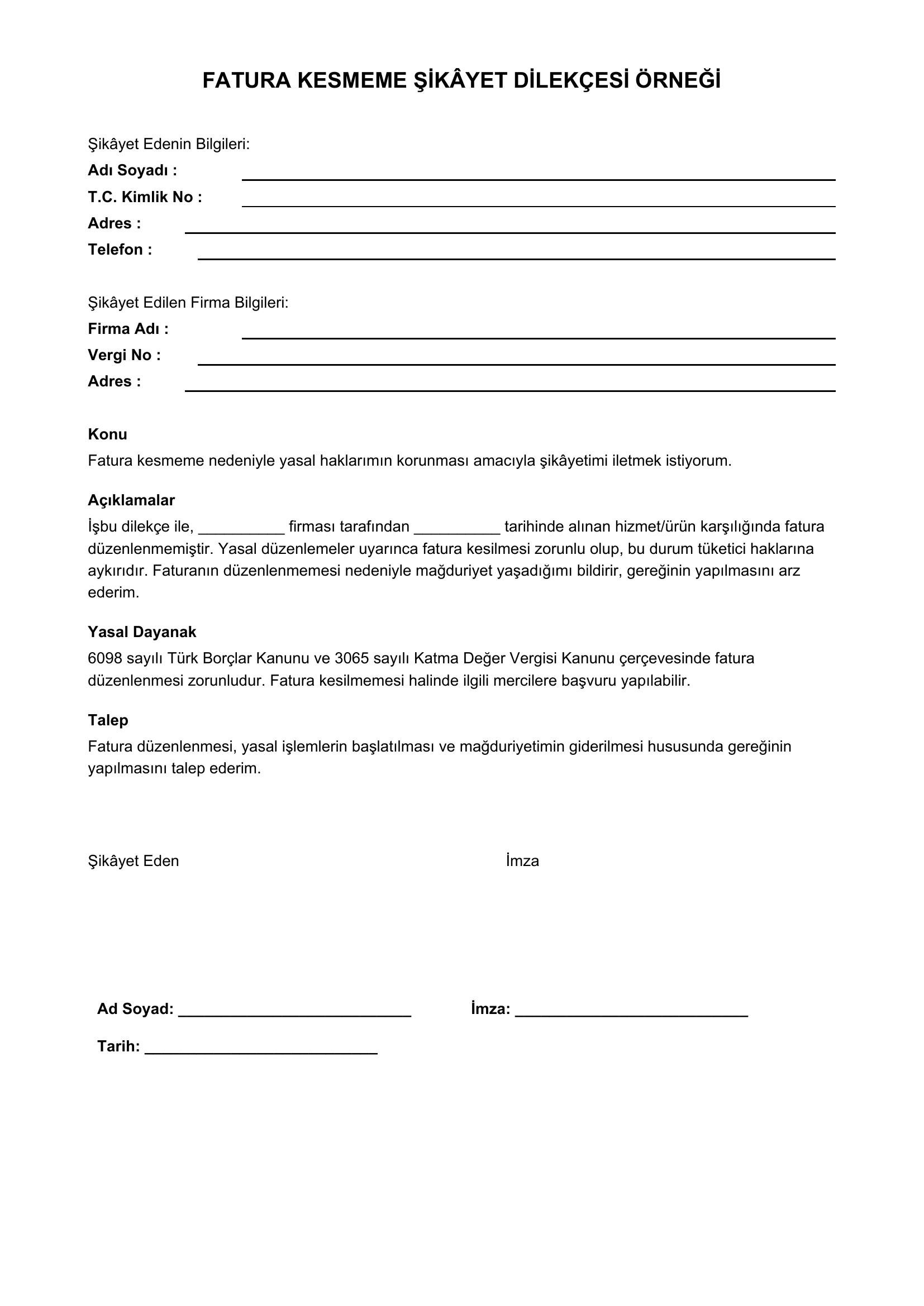 Fatura Kesmeme Şikayet Dilekçesi Örneği