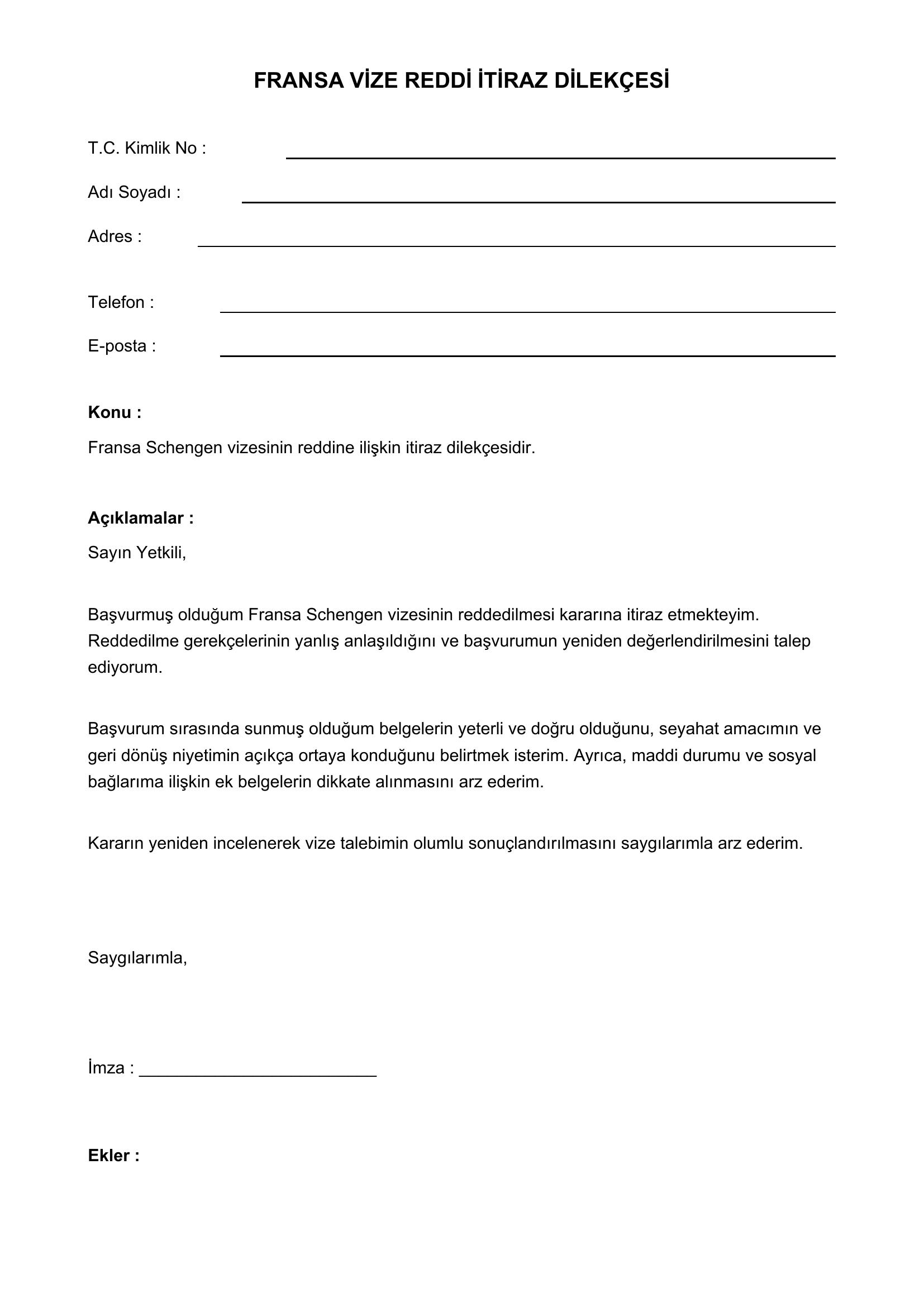 Fransa Vize Reddi Itiraz Dilekçesi