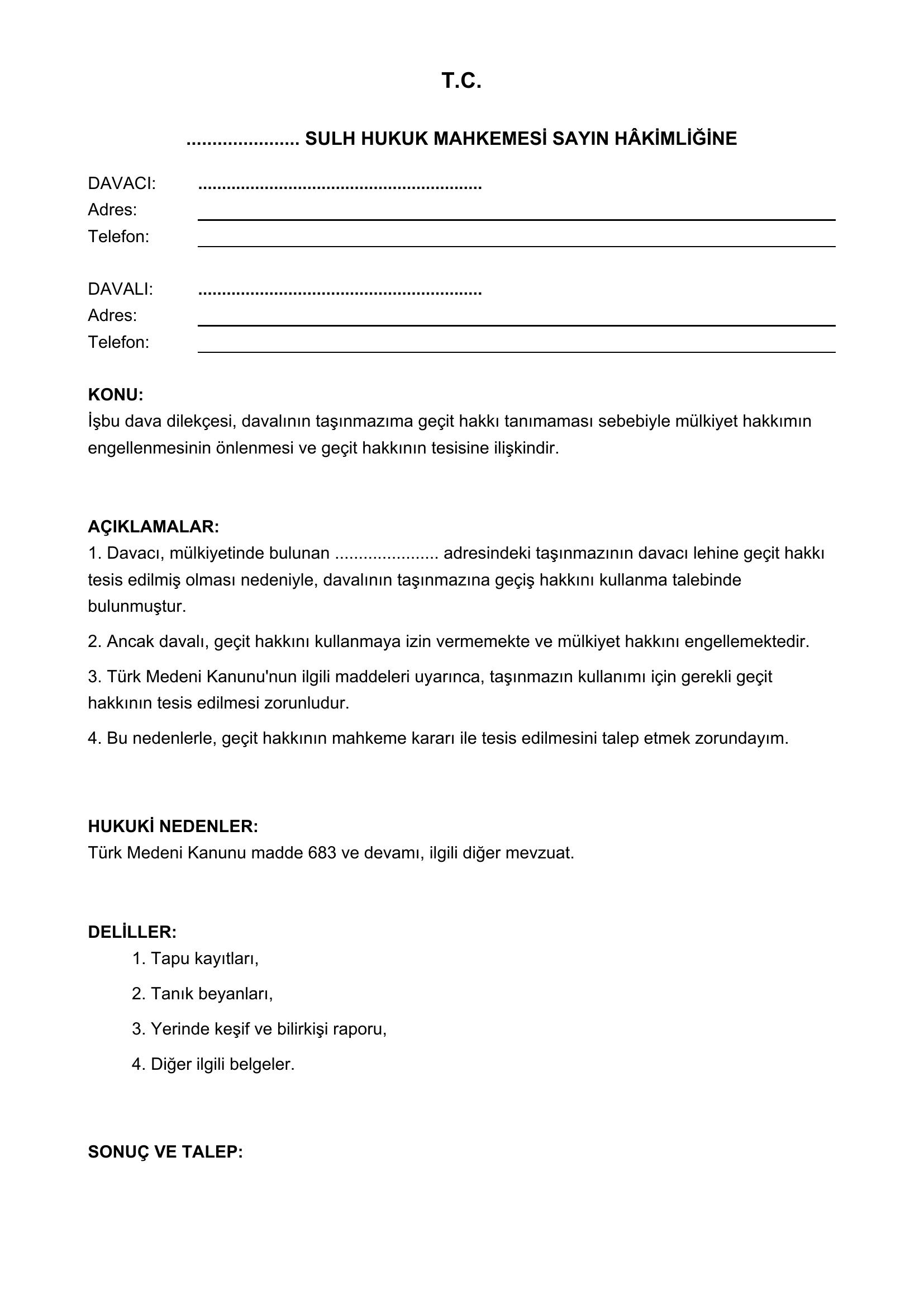Geçit Hakkı Dava Dilekçesi Örneği
