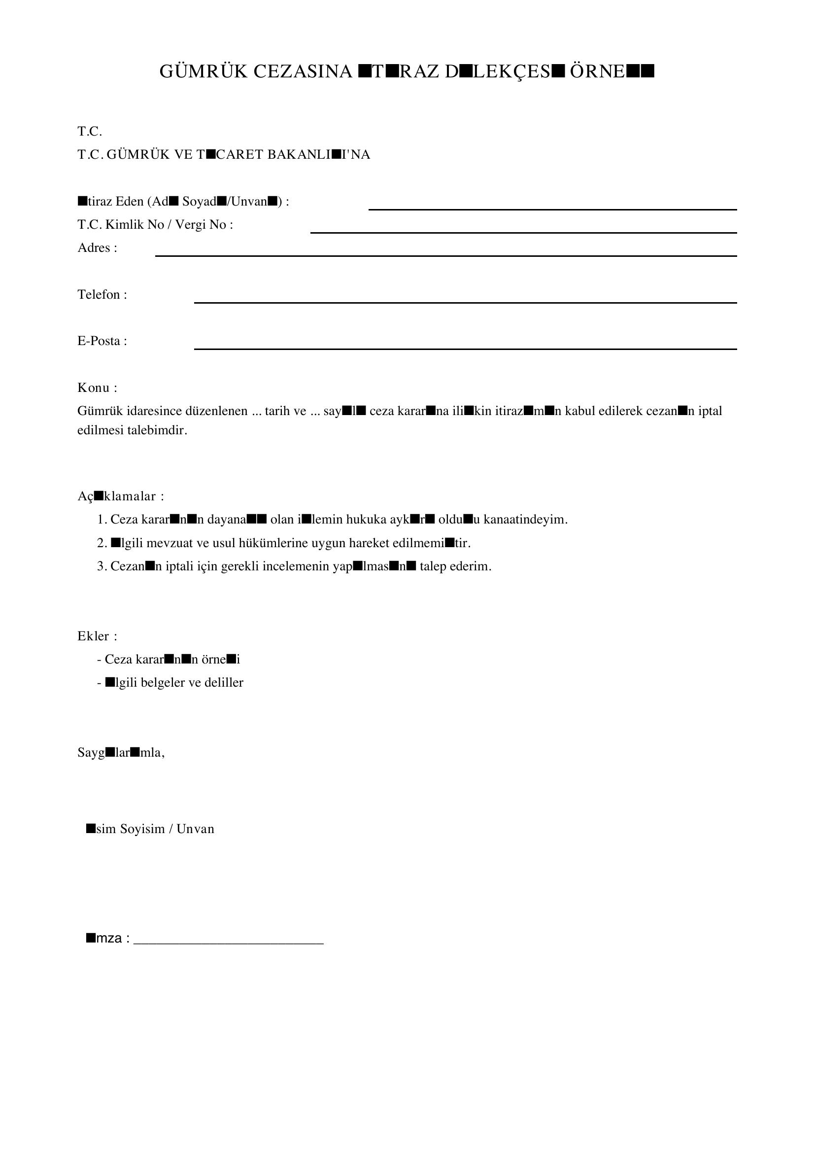 Gümrük Cezasına Itiraz Dilekçesi Örneği