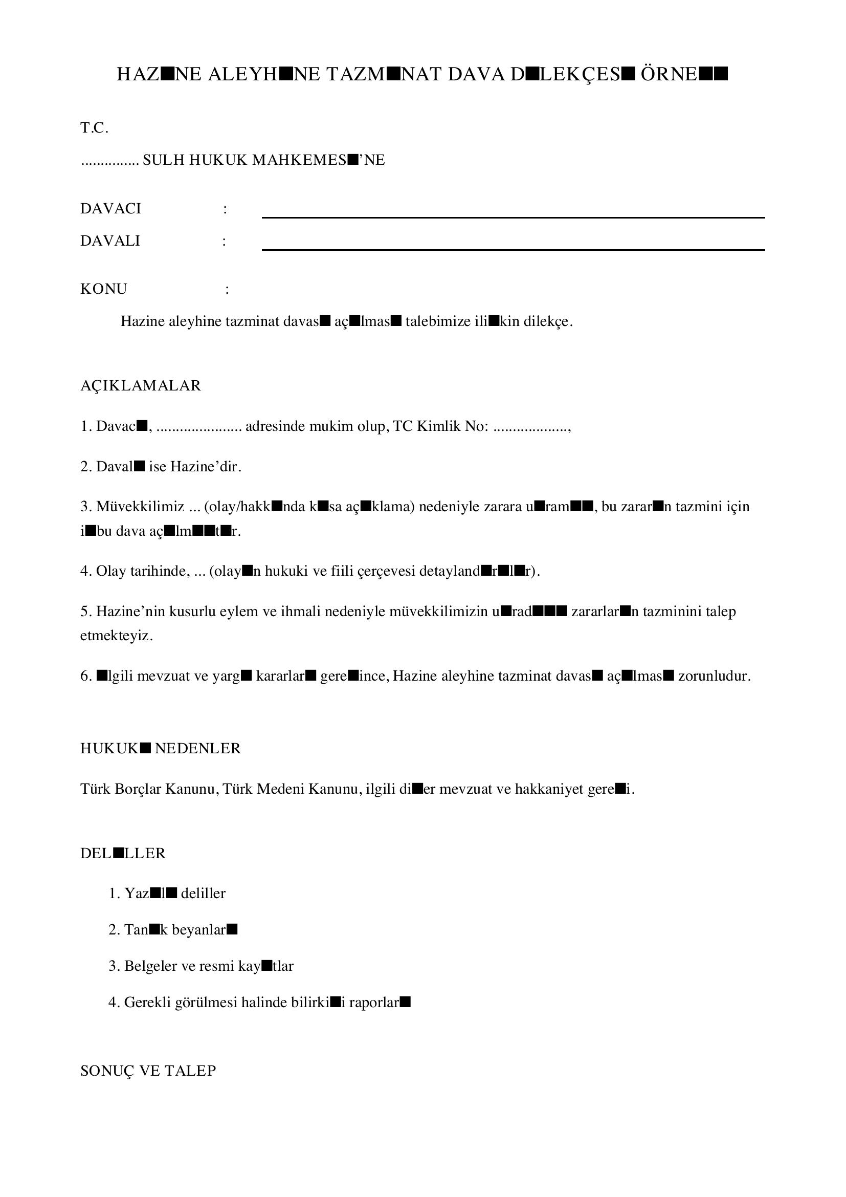 Hazine Aleyhine Tazminat Dava Dilekçesi Örneği