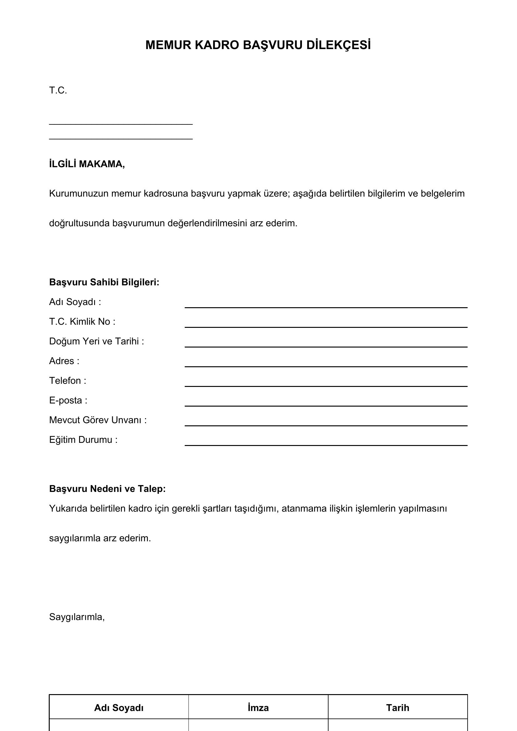 Memur Kadro Başvuru Dilekçesi