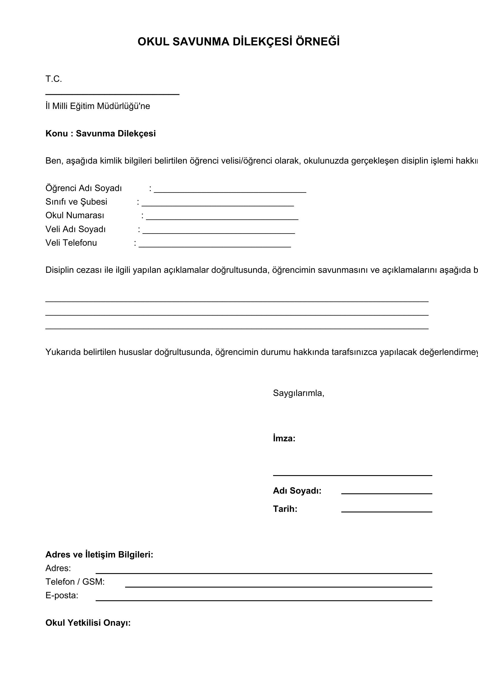 Okul Savunma Dilekçesi Örneği