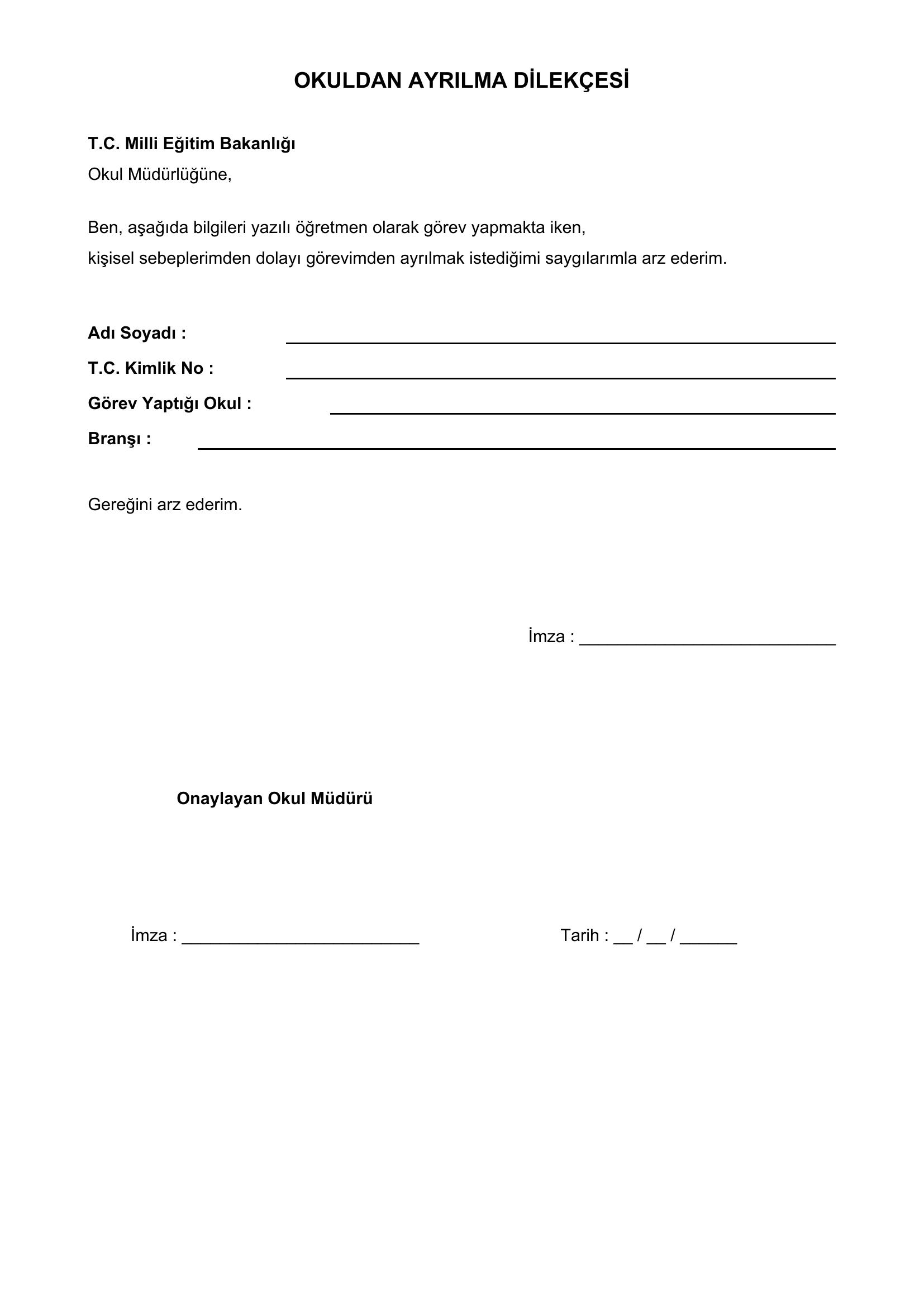Okuldan Ayrılma Dilekçesi Öğretmen
