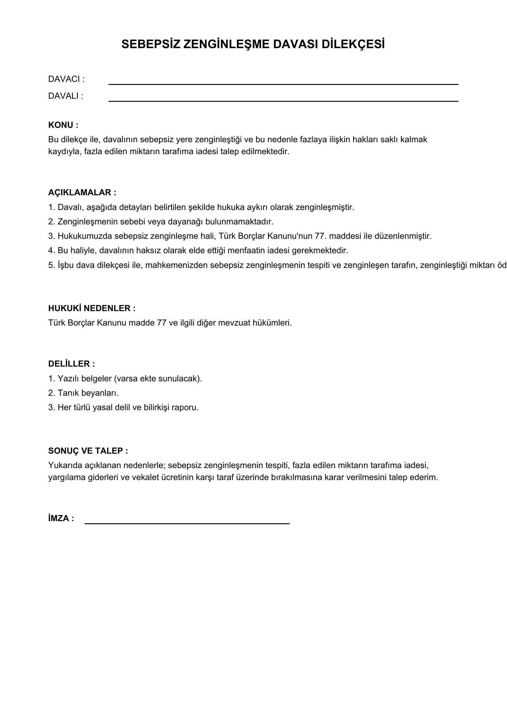 Sebepsiz Zenginleşme Dava Dilekçesi