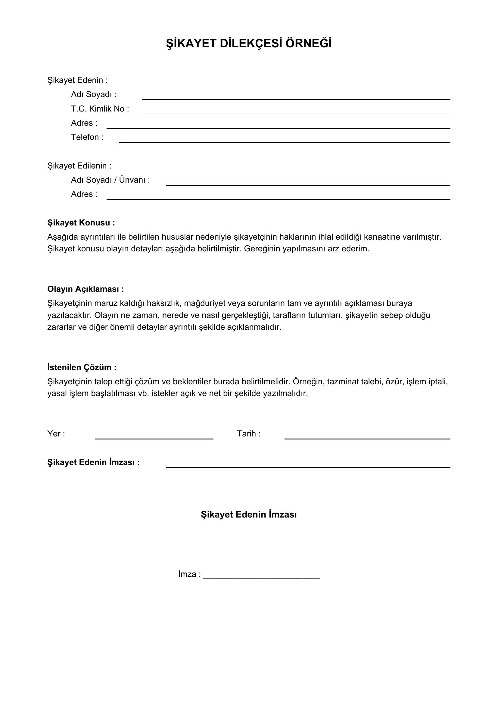 Şikayet Dilekçesi Örneği