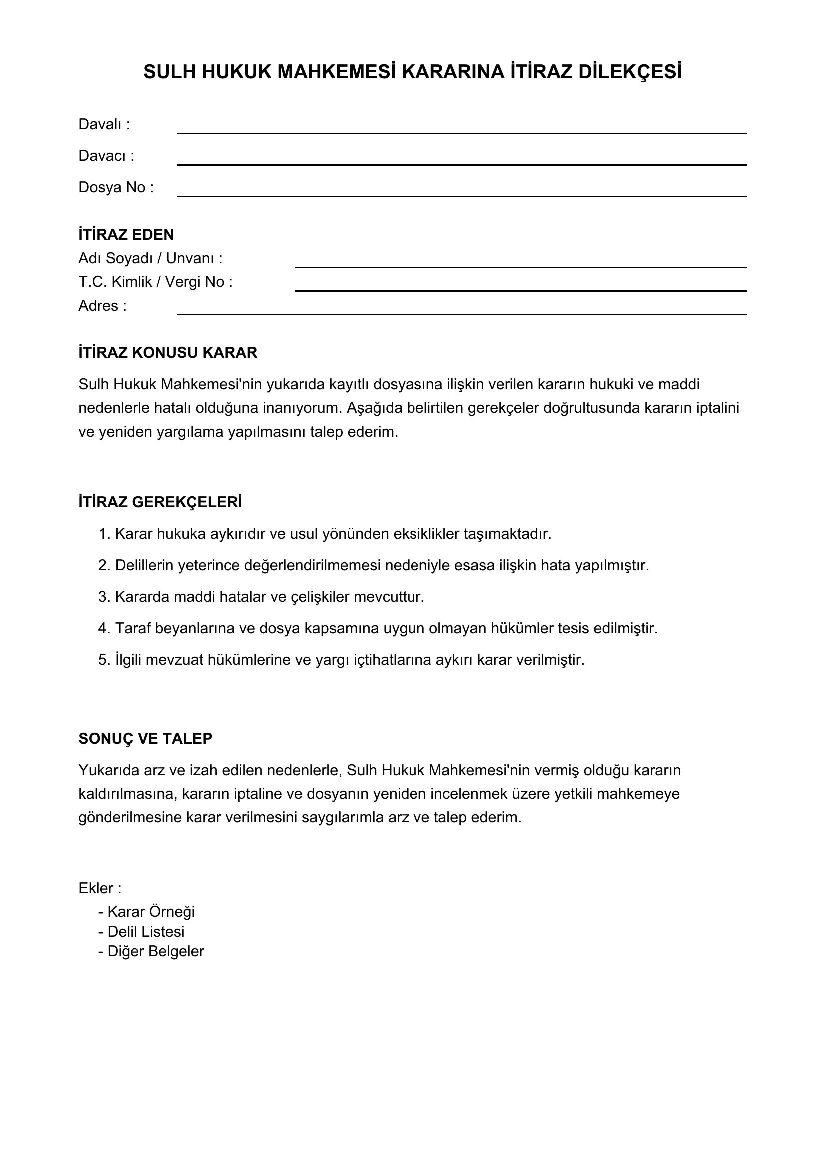 Sulh Hukuk Mahkemesi Kararına Itiraz Dilekçesi Örneği