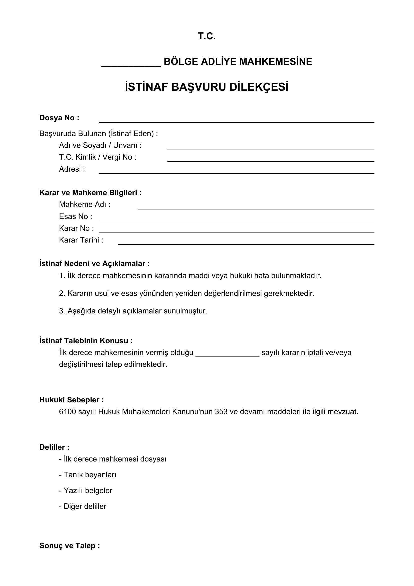 Tahliye Kararına Karşı Istinaf Dilekçesi Örneği