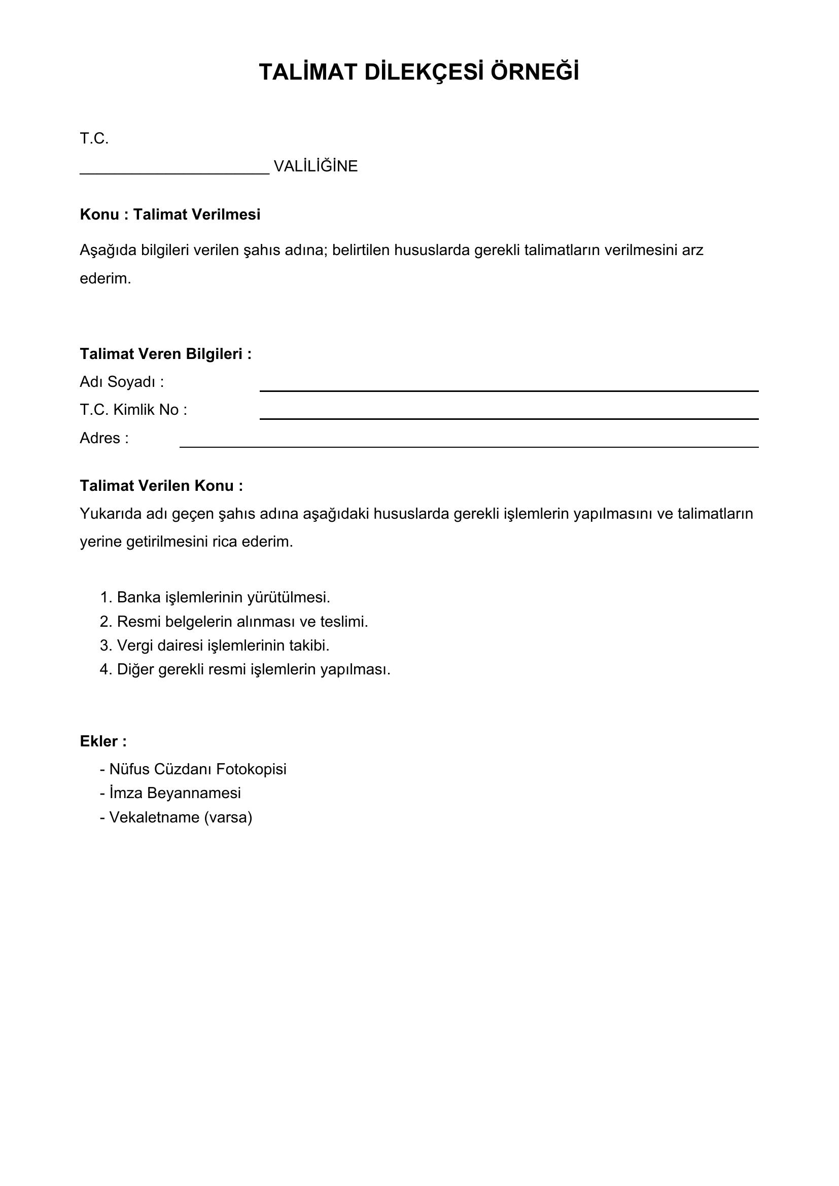 Talimat Dilekçesi Örneği