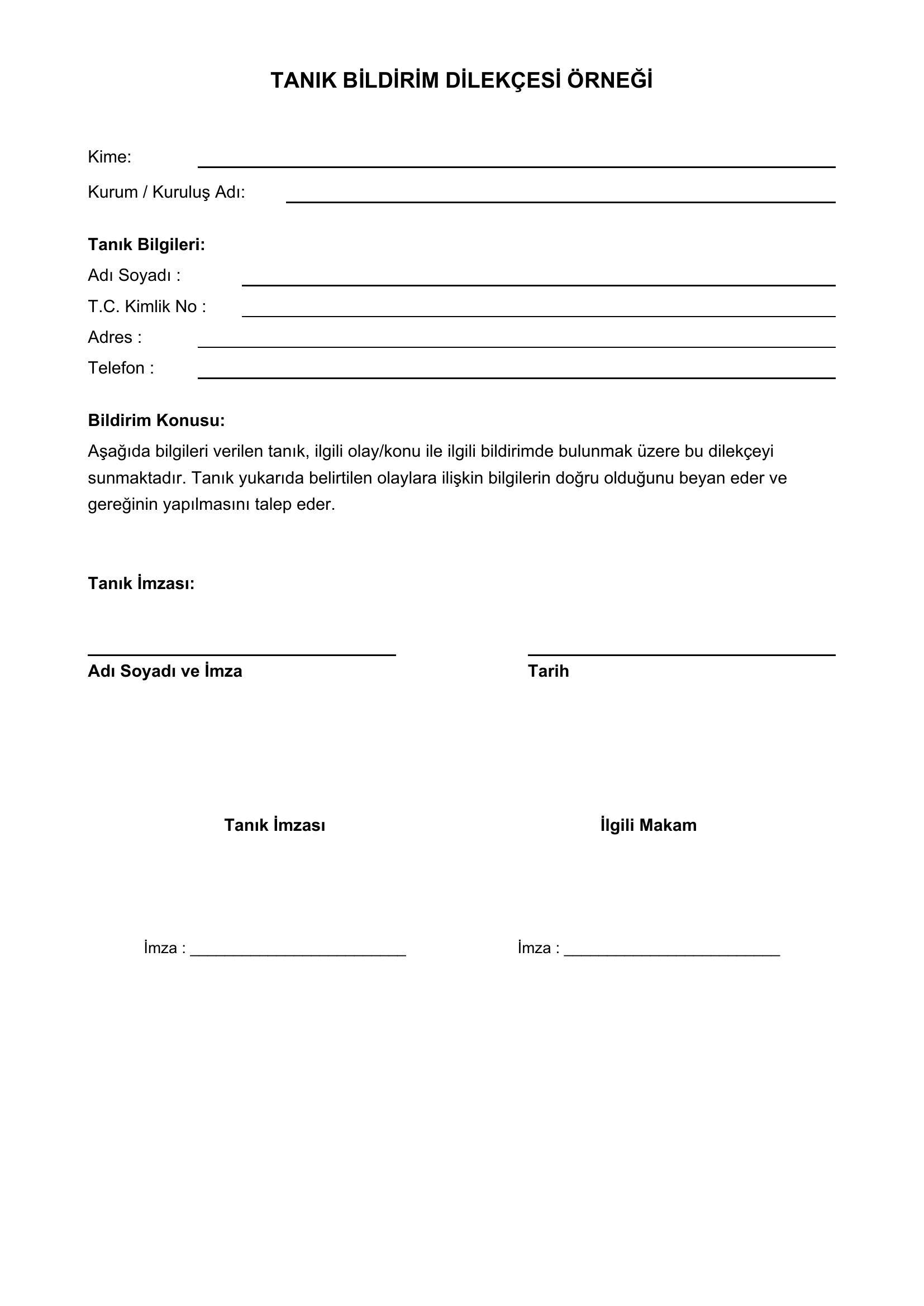 Tanık Bildirim Dilekçesi Örneği
