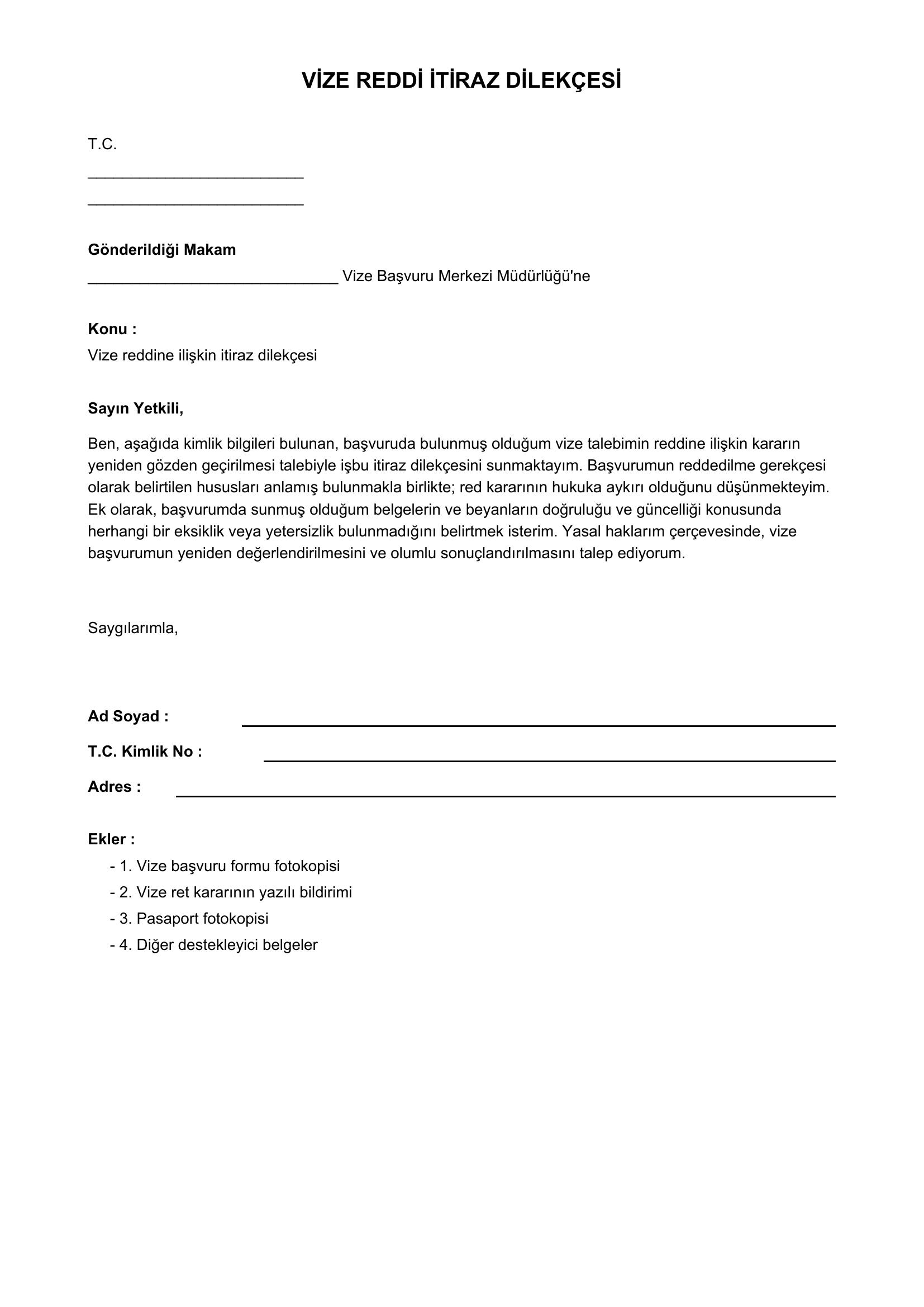 Vize Reddi Itiraz Dilekçesi Örneği Türkçe