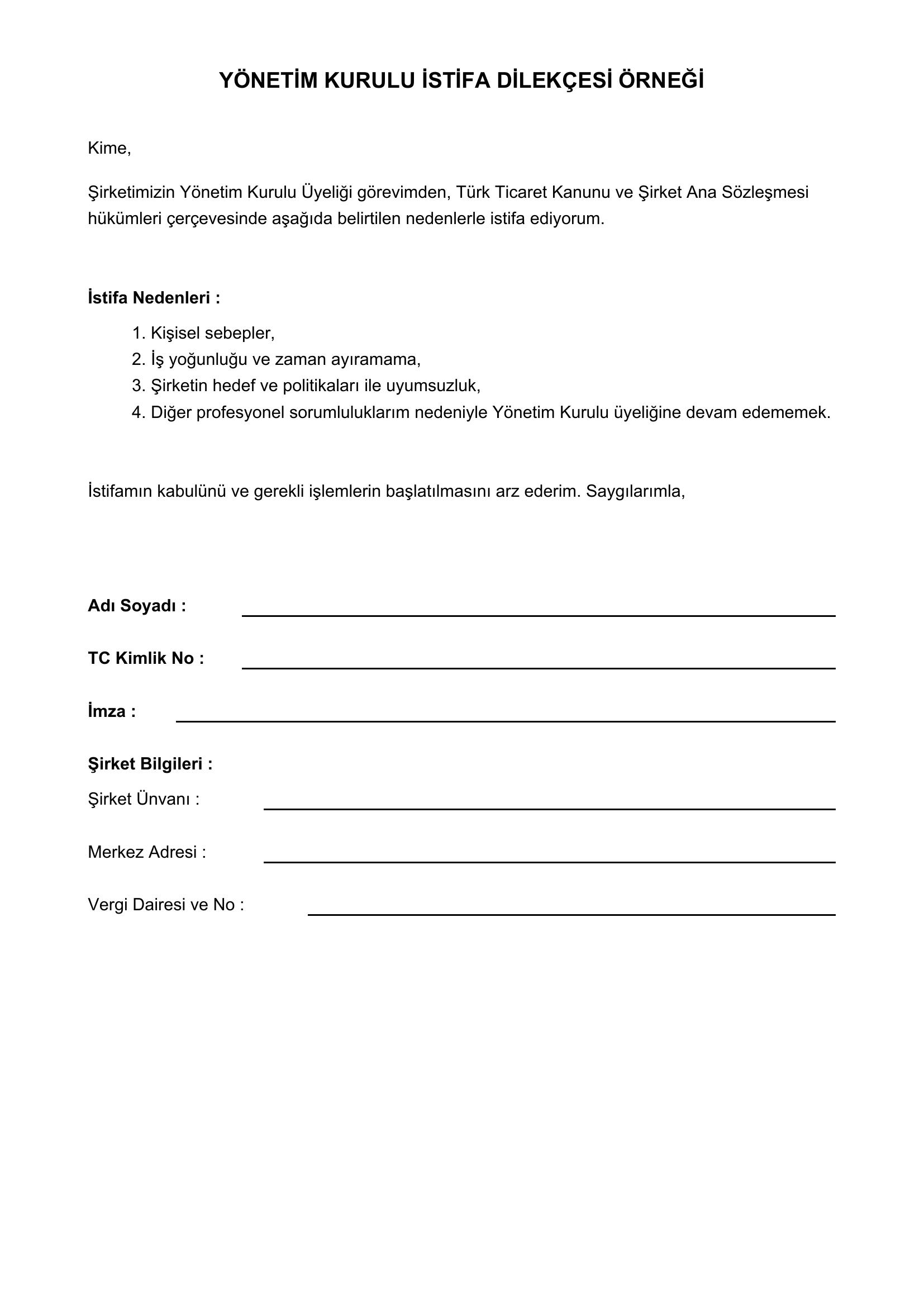 Yönetim Kurulu Istifa Dilekçesi Örneği